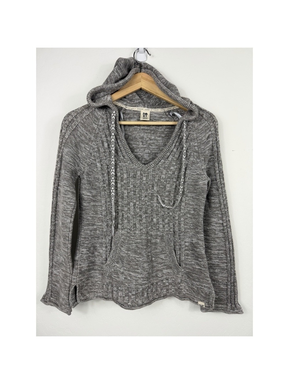 Roxy Hooded Knit Pullover Sweater Gray Space Dye Kangaroo Pocket Women Medium